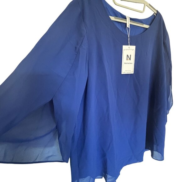 Royal Blue Layered Chiffon Blouse With Flowy 3/4 Bell Sleeves Neineiwu Size XL - Picture 2 of 9
